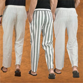 COMBO OF 3 MEN STRIPE COTTON HANDLOOM PANT GRAY WHITE AND BEIGE