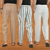 COMBO OF 3 MEN STRIPE COTTON HANDLOOM PANT GRAY WHITE AND BEIGE