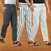 COMBO OF 3 MEN STRIPE COTTON HANDLOOM PANT GRAY WHITE AND BLACK