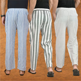 COMBO OF 3 MEN STRIPE COTTON HANDLOOM PANT GRAY WHITE AND BLUE