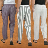 COMBO OF 3 MEN STRIPE COTTON HANDLOOM PANT GRAY WHITE AND PURPLE