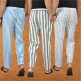COMBO OF 3 MEN STRIPE COTTON HANDLOOM PANT GRAY WHITE AND SKY BLUE