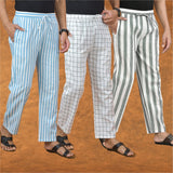 COMBO OF 3 MEN STRIPE COTTON HANDLOOM PANT GRAY WHITE AND SKY BLUE