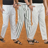 COMBO OF 3 MEN STRIPE COTTON HANDLOOM PANT GRAY WHITE AND WHITE