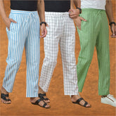 COMBO OF 3 MEN STRIPE COTTON HANDLOOM PANT OLIVE GREEN WHITE AND SKY BLUE