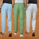 COMBO OF 3 MEN STRIPE COTTON HANDLOOM PANT OLIVE GREEN WHITE AND SKY BLUE