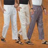 COMBO OF 3 MEN STRIPE COTTON HANDLOOM PANT PURPLE BEIGE AND WHITE