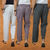 COMBO OF 3 MEN STRIPE COTTON HANDLOOM PANT PURPLE BLACK AND WHITE