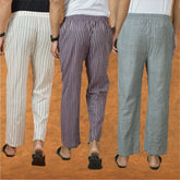 COMBO OF 3 MEN STRIPE COTTON HANDLOOM PANT PURPLE GRAY AND BEIGE