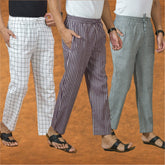 COMBO OF 3 MEN STRIPE COTTON HANDLOOM PANT PURPLE GRAY AND WHITE