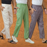 COMBO OF 3 MEN STRIPE COTTON HANDLOOM PANT PURPLE OLIVE GREEN AND BEIGE