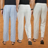 COMBO OF 3 MEN STRIPE COTTON HANDLOOM PANT WHITE BEIGE AND BLUE