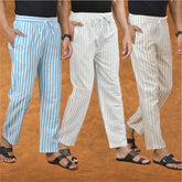 COMBO OF 3 MEN STRIPE COTTON HANDLOOM PANT WHITE BEIGE AND SKY BLUE