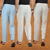 COMBO OF 3 MEN STRIPE COTTON HANDLOOM PANT WHITE BEIGE AND SKY BLUE