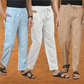 COMBO OF 3 MEN STRIPE COTTON HANDLOOM PANT WHITE BEIGE AND SKY BLUE