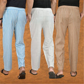 COMBO OF 3 MEN STRIPE COTTON HANDLOOM PANT WHITE BEIGE AND SKY BLUE