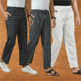 COMBO OF 3 MEN STRIPE COTTON HANDLOOM PANT WHITE BLACK AND BLACK
