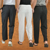 COMBO OF 3 MEN STRIPE COTTON HANDLOOM PANT WHITE BLACK AND BLACK
