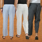 COMBO OF 3 MEN STRIPE COTTON HANDLOOM PANT WHITE BLACK AND BLUE-15244