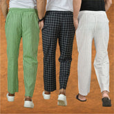 COMBO OF 3 MEN STRIPE COTTON HANDLOOM PANT WHITE BLACK AND OLIVE GREEN