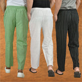 COMBO OF 3 MEN STRIPE COTTON HANDLOOM PANT WHITE BLACK AND OLIVE GREEN