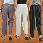 COMBO OF 3 MEN STRIPE COTTON HANDLOOM PANT WHITE BLACK AND PURPLE