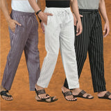 COMBO OF 3 MEN STRIPE COTTON HANDLOOM PANT WHITE BLACK AND PURPLE