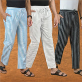 COMBO OF 3 MEN STRIPE COTTON HANDLOOM PANT WHITE BLACK AND SKY BLUE