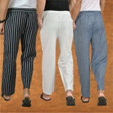 COMBO OF 3 MEN STRIPE COTTON HANDLOOM PANT WHITE BLUE AND BLACK