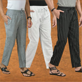 COMBO OF 3 MEN STRIPE COTTON HANDLOOM PANT WHITE BLUE AND GRAY