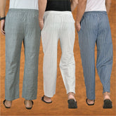 COMBO OF 3 MEN STRIPE COTTON HANDLOOM PANT WHITE BLUE AND GRAY
