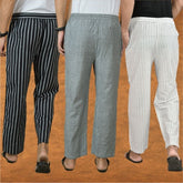 COMBO OF 3 MEN STRIPE COTTON HANDLOOM PANT WHITE GRAY AND BLACK