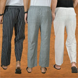 COMBO OF 3 MEN STRIPE COTTON HANDLOOM PANT WHITE GRAY AND BLACK