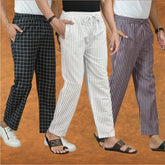 COMBO OF 3 MEN STRIPE COTTON HANDLOOM PANT WHITE PURPLE AND BLACK