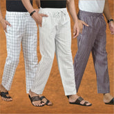COMBO OF 3 MEN STRIPE COTTON HANDLOOM PANT WHITE PURPLE AND WHITE