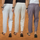 COMBO OF 3 MEN STRIPE COTTON HANDLOOM PANT WHITE PURPLE AND WHITE