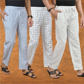 COMBO OF 3 MEN STRIPE COTTON HANDLOOM PANT WHITE WHITE AND BLUE-