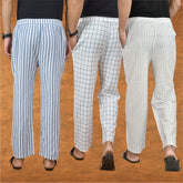 COMBO OF 3 MEN STRIPE COTTON HANDLOOM PANT WHITE WHITE AND BLUE-