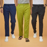 Combo of 3 Olive Green Black and Navy Blue Cotton Regular Trouser Pants-42435