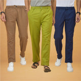 Combo of 3 Olive Green Brown and Navy Blue Cotton Regular Trouser Pants-42450