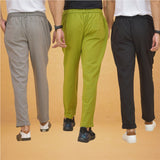 Combo of 3 Olive Green Gray and Black Cotton Regular Trouser Pants-42497