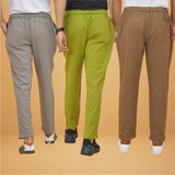 Combo of 3 Olive Green Gray and Brown Cotton Regular Trouser Pants-42546