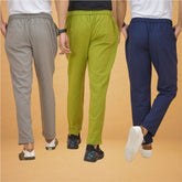 Combo of 3 Olive Green Gray and Navy Blue Cotton Regular Trouser Pants-42461
