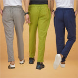 Combo of 3 Olive Green Gray and Navy Blue Cotton Regular Trouser Pants-42461