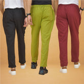 Combo of 3 Olive Green Maroon and Black Cotton Regular Trouser Pants-42504