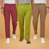 Combo of 3 Olive Green Maroon and Brown Cotton Regular Trouser Pants-42553