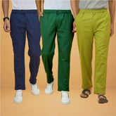 Combo of 3 Olive Green Navy Blue and Bottle Green Cotton Regular Trouser Pants-42381