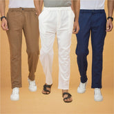 Combo of 3 White Brown and Navy Blue Cotton Regular Trouser Pants-42451