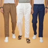 Combo of 3 White Brown and Navy Blue Cotton Regular Trouser Pants-42451