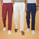 Combo of 3 White Maroon and Navy Blue Cotton Regular Trouser Pants-42469